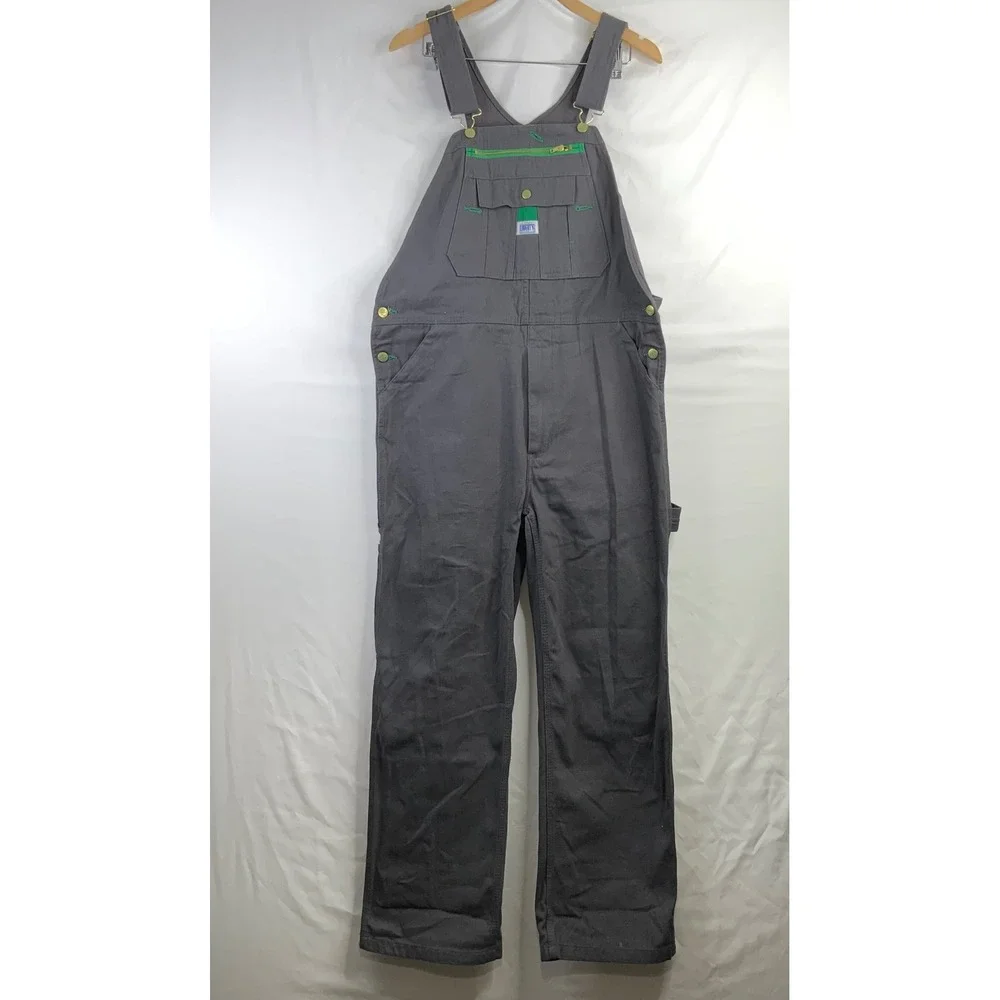 Liberty Overalls Men Charcoal Gray Canvas Bib Workwear Carpenter Pants Green Zip